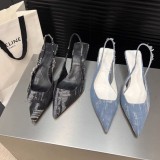 High heeled pointed toe wrapped sandals, new niche design for spring and autumn seasons, denim back hollow shallow mouth slim heel shoes