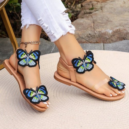 European and American large flat women's shoes in stock, butterfly foreign trade beach shoes, toe covers, flower sandals