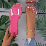 Water diamond transparent strap flat bottom slippers for women in spring and summer, large size women's cool slippers with exposed toes, sexy one character strap, wholesale of women's shoes