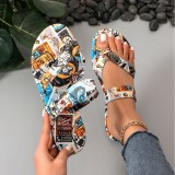 Colorful flat bottomed clip toe women's slippers new summer cross-border large size printed women's beach slippers wholesale
