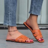 Cross border foreign trade large size new 15 colors women's slippers flat bottomed square toe leather patchwork slippers women's sandals