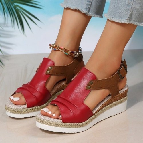 Grass woven high heeled sandals for women's new foreign trade large-sized thick soled fish mouth Roman shoes with one line buckle high heeled women's sandals