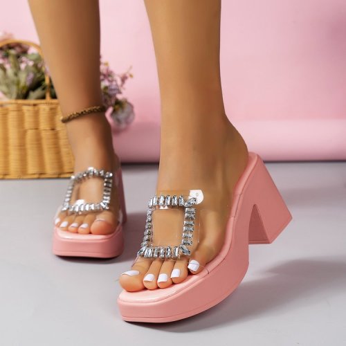 Thick soled high-heeled sandals for women's outerwear, new cross-border foreign trade large size fashionable one line drag diamond women's slippers