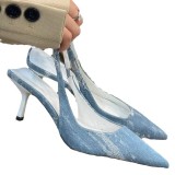 High heeled pointed toe wrapped sandals, new niche design for spring and autumn seasons, denim back hollow shallow mouth slim heel shoes