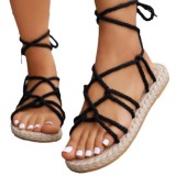 Summer New Cross border Large Head Flax Knitted Flat Bottom Colored Casual Strap Roman Sandals in Stock