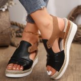 Large size grass woven high heeled sandals for foreign trade, new women's thick soled fish mouth Roman shoes, one line buckle high heeled women's sandals