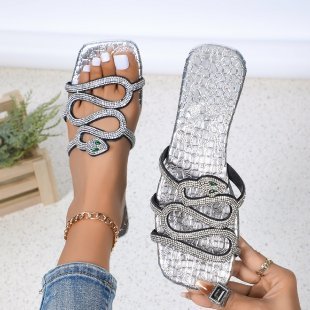 New size 44 summer mini snake diamond slide flat slippers for women