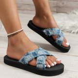 Auntie denim plaid slippers for women's summer new cross-border comfortable and breathable thick soled sandals for foreign trade