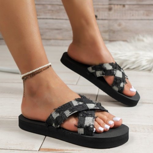 Auntie denim plaid slippers for women's summer new cross-border comfortable and breathable thick soled sandals for foreign trade