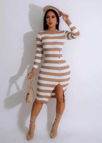Cross border women's clothing hot selling on Amazon, elegant and elegant striped slit round neck dress