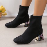 Winter New European and American Large Size Elastic Flyknit Women's Boots with Thick Heels, Water Diamond Elastic Boots, Fashion Boots with Short Barrel and Round Head
