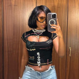 European and American style fashionable short sleeved hollow printed short T-shirt autumn new slim fit exposed navel top for women