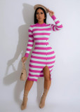 Cross border women's clothing hot selling on Amazon, elegant and elegant striped slit round neck dress