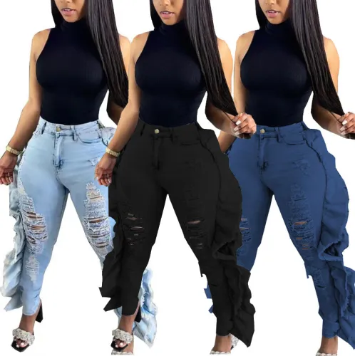 Cross border HSF2539 Amazon European and American Fashion Sexy Personality Breakthrough Washed Slim Fit Elastic Denim Leggings