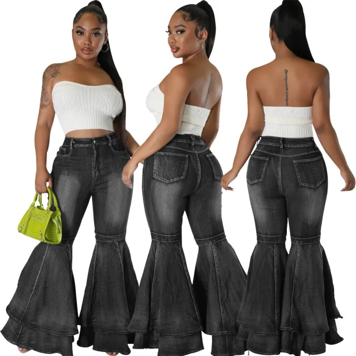 Cross border HSF2645 Amazon Hot Selling European and American Fashion Versatile Wide Leg Washed denim Elastic Bell Pants