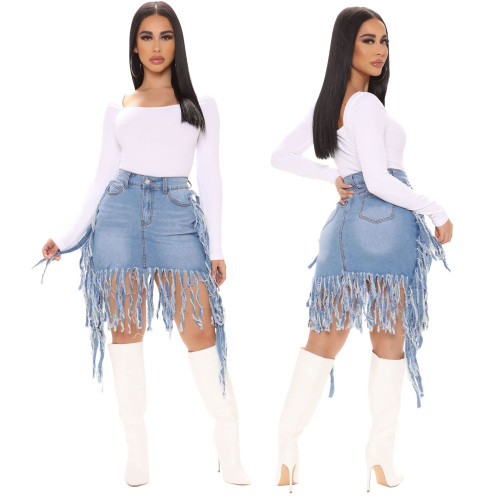 Cross border HSF2416 Amazon specializes in European and American fashion trends, sexy washed denim tassels, high waisted short skirts