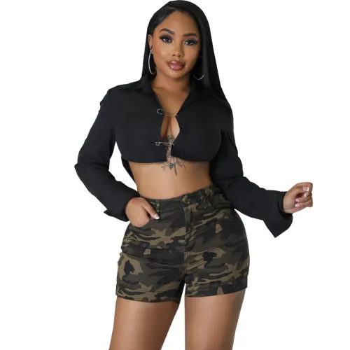 Cross border HSF2677 Amazon exclusively offers new styles of European and American fashion slim fit trend elastic camouflage denim shorts