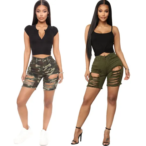 Cross border HSF2466 Amazon specializes in European and American fashion handmade distressed high waisted washed elastic denim shorts