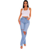 Cross border HSF2731 Amazon Hot Selling European and American Fashion Slim Fit Versatile Broken Hole Women's Elastic Jeans