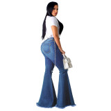 Cross border HSF2074 European and American Sexy Fashion Versatile Knee Perforated Elastic Tight denim Flare Pants