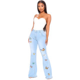 Cross border HSF2334 Amazon Cross border European and American Fashion Versatile Slim Fit Butterfly Embroidered Wide Leg Elastic Flare Pants