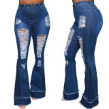 Cross border HSF2585 Amazon exclusively provides sexy and fashionable versatile patchwork with holes, elastic slim fit flared pants for Europe and America