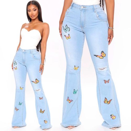 Cross border HSF2334 Amazon Cross border European and American Fashion Versatile Slim Fit Butterfly Embroidered Wide Leg Elastic Flare Pants