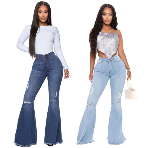 Cross border HSF2323 Amazon Cross border European and American Fashion Versatile Wide Leg Knee Perforated Denim Horn Pants