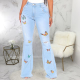 Cross border HSF2334 Amazon Cross border European and American Fashion Versatile Slim Fit Butterfly Embroidered Wide Leg Elastic Flare Pants