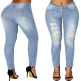 Cross border HSF2629 Amazon Hot Selling European and American Sexy Personality Breaking Hole Water Wash Slim Fit Elastic Denim Leggings
