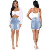 Cross border HSF2030-1 Amazon Hot Selling European and American Fashion Burnout Ragged Edge Sexy Wrapped Hip Elastic Denim Short Skirt