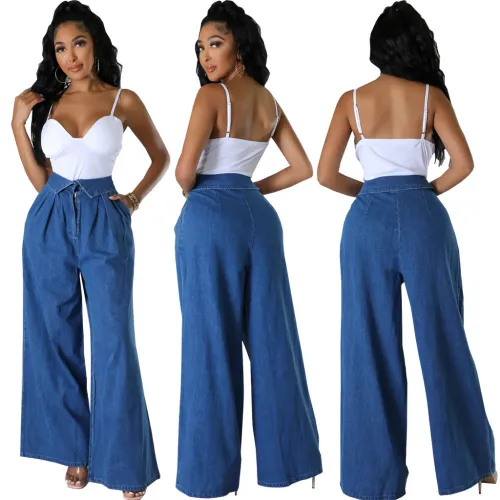 Cross border HSF2780 Amazon Cross border European and American Fashion High Waist Loose Simple Wide Leg Solid Color Elastic Jeans