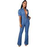 Cross border HSF2928 Amazon specializes in European and American fashion trend slim fit zippered casual denim jumpsuits