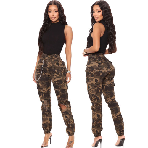 Cross border HSF2643 Amazon specializes in European and American fashion slim fit camouflage printed comfortable casual elastic workwear pants