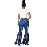 Cross border HSF2506 Amazon specializes in sexy, fashionable, and versatile tassel elastic denim flared pants for Europe and America