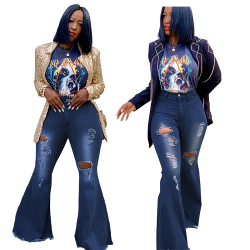 Cross border HSF2112 European and American fashion versatile wide leg washed distressed denim elastic flared pants