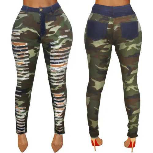 Cross border HSF2096 European and American Sexy Personality Breakthrough High Waist Tight Leggings with Raw Edge Camo Feet
