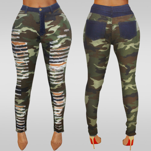 Cross border HSF2096 European and American Sexy Personality Breakthrough High Waist Tight Leggings with Raw Edge Camo Feet