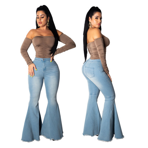 Cross border HSF2033 European and American fashion versatile wide leg high waisted elastic flared jeans Wish Cross border