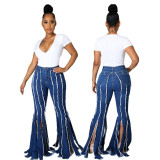 Cross border HSF2506 Amazon specializes in sexy, fashionable, and versatile tassel elastic denim flared pants for Europe and America