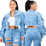 HSF2659 eBay Amazon specializes in European and American fashion splicing denim distressed short jacket new models