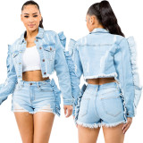HSF2659 eBay Amazon specializes in European and American fashion splicing denim distressed short jacket new models