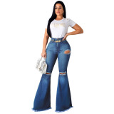 Cross border HSF2074 European and American Sexy Fashion Versatile Knee Perforated Elastic Tight denim Flare Pants