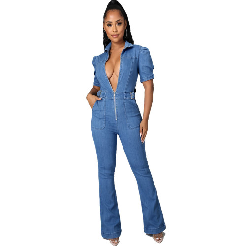 Cross border HSF2928 Amazon specializes in European and American fashion trend slim fit zippered casual denim jumpsuits