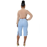 Cross border HSF2516 Amazon specializes in European and American fashion washed distressed tassels high waisted elastic jeans