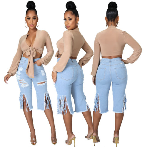 Cross border HSF2516 Amazon specializes in European and American fashion washed distressed tassels high waisted elastic jeans