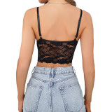 New Sexy Spicy Girl Style Steel Ring Gathering Top with Lace Lace Lace and Hollow Open Navel Design Feeling Small and Unique Strap Tank Top