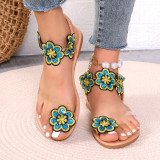 European and American foreign trade large-sized flower flat sandals, women's cross-border vacation style, toe clip elastic band, beach sandals and slippers Wish