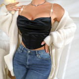 Fashionable, high-end, sexy, low neckline suspender with wrinkles, careful machine, water diamond splicing, short waist, slim fishbone bra for women
