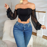 Fashionable and Sexy One Shoulder Square Neck Top for Women's Mesh Perspective Splicing Slim Fit Long sleeved Spicy Girl Fishbone Chest